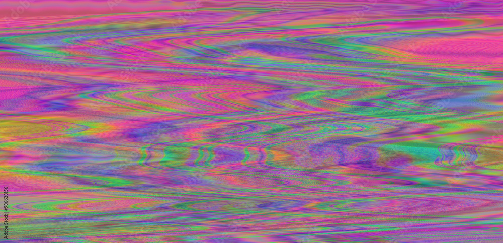 Poster Effect of a digital glitch or a distorted video signal, with sharp angles and jagged lines interspersed throughout the flowing color patterns. Abstract, highly saturated composition.