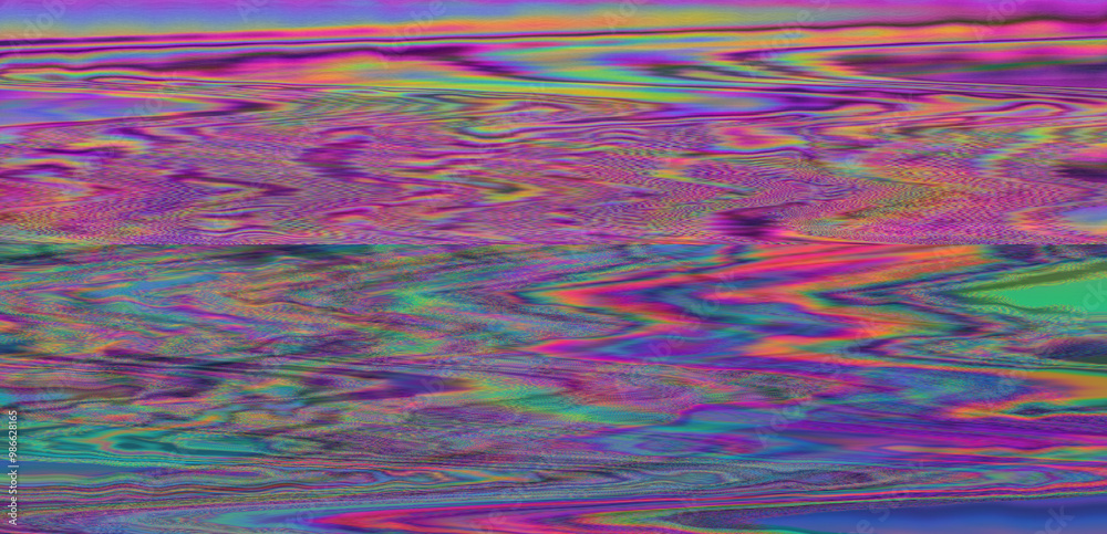 Aufkleber Effect of a digital glitch or a distorted video signal, with sharp angles and jagged lines interspersed throughout the flowing color patterns. Abstract, highly saturated composition.