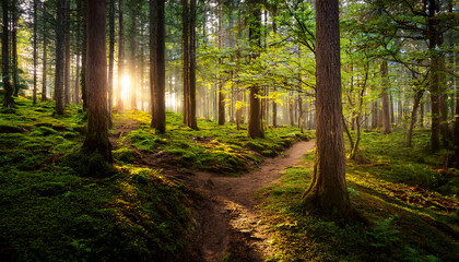 Fototapeta premium Green forests, towering trees, and winding trails.