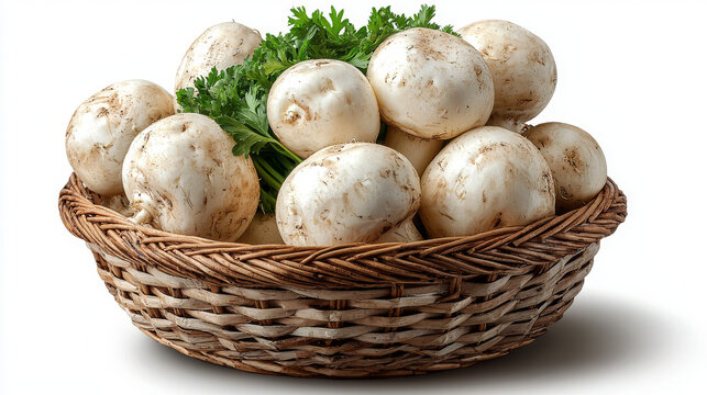 A basket of fresh, white mushrooms.