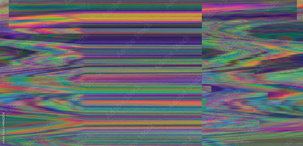 Poster Digital glitch or a distorted video signal, with sharp angles and jagged lines of iridescent colors, predominantly purple, blue, green, yellow, and orange.