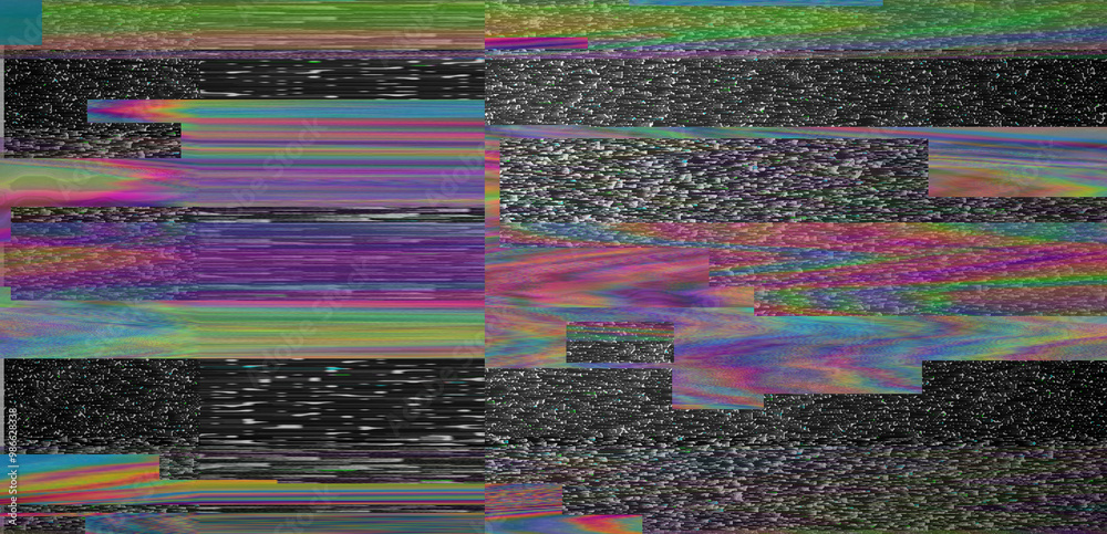 Poster Digital glitch or a distorted video signal, with sharp angles and jagged lines of iridescent colors, predominantly purple, blue, green, yellow, and orange.