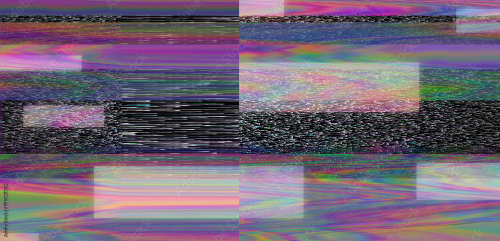 Aufkleber Digital glitch or a distorted video signal, with sharp angles and jagged lines of iridescent colors, predominantly purple, blue, green, yellow, and orange.
