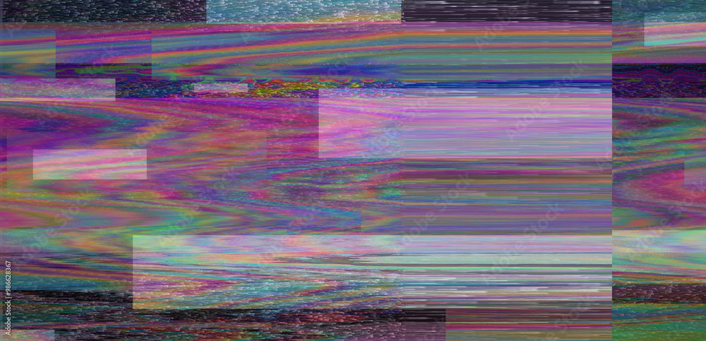 Poster Digital glitch or a distorted video signal, with sharp angles and jagged lines of iridescent colors, predominantly purple, blue, green, yellow, and orange.