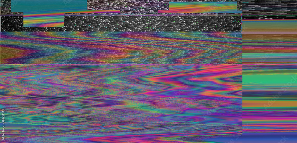 Poster Digital glitch or a distorted video signal, with sharp angles and jagged lines of iridescent colors, predominantly purple, blue, green, yellow, and orange.