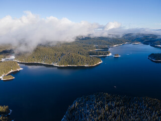 Aerial winter view of Shiroka polyana (Wide meadow) Reservoir, Bulgaria