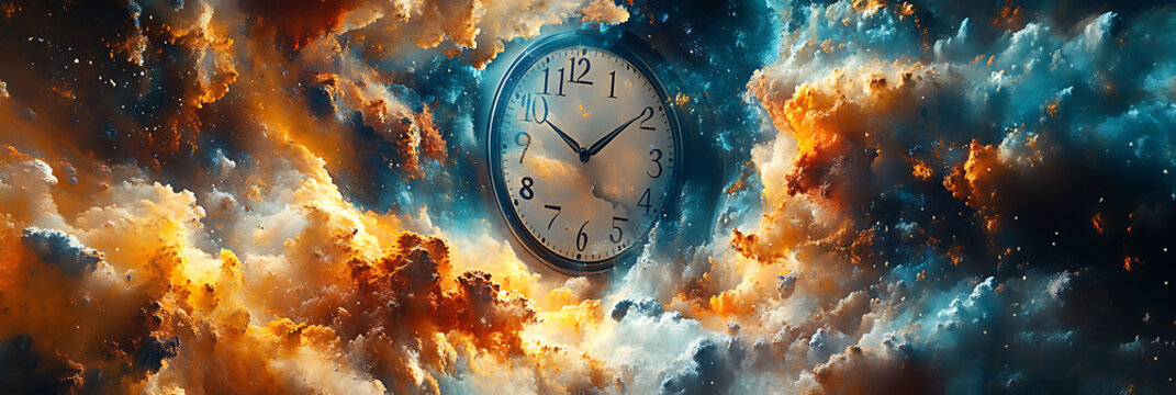 Surreal Abstract Art composition featuring a 3D clock melting over 2D abstract landscapes symbolizing the fluidity of time and the transient nature of existence creating a dreamlike visual narrative
