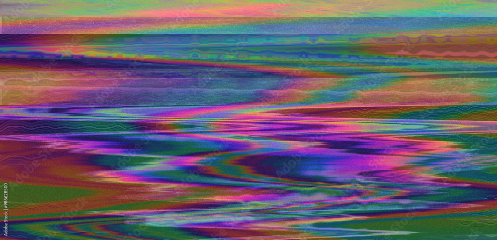 Aufkleber Effect of a digital VHS glitch with sharp angles and jagged lines interspersed throughout the flowing color patterns. Abstract, highly saturated composition.