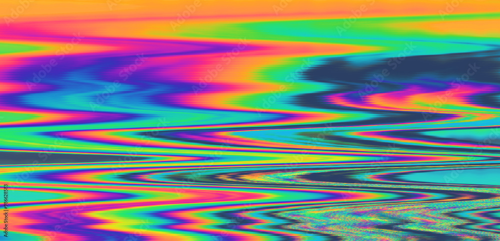 Poster Effect of a digital VHS glitch with sharp angles and jagged lines interspersed throughout the flowing color patterns. Abstract, highly saturated composition.