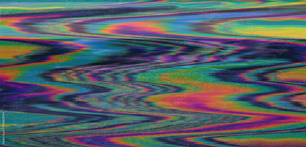 Poster Effect of a digital VHS glitch with sharp angles and jagged lines interspersed throughout the flowing color patterns. Abstract, highly saturated composition.
