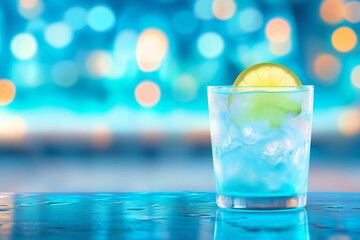 Refreshing cocktail with lime slice served at a vibrant bar during the evening hours