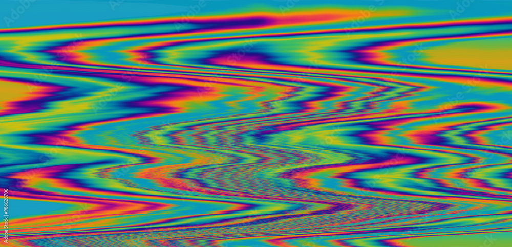 Poster Effect of a digital glitch or a distorted video signal, with sharp angles and jagged lines interspersed throughout the flowing color patterns. Abstract, highly saturated composition.