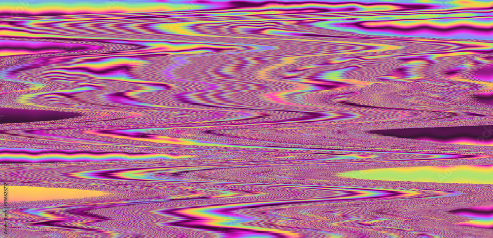 Aufkleber Effect of a digital glitch or a distorted video signal, with sharp angles and jagged lines interspersed throughout the flowing color patterns. Abstract, highly saturated composition.