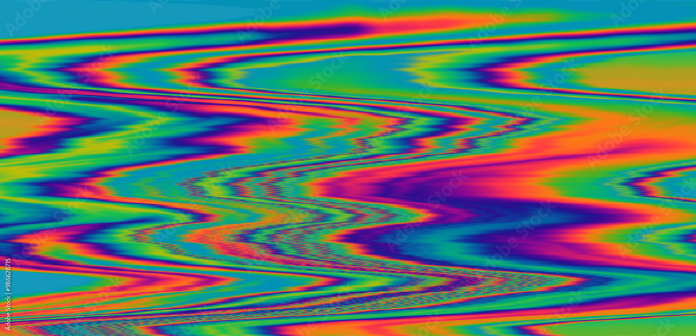 Poster Effect of a digital glitch or a distorted video signal, with sharp angles and jagged lines interspersed throughout the flowing color patterns. Abstract, highly saturated composition.