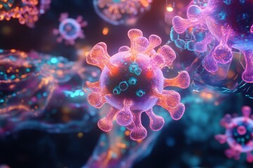 Close-up of a Colorful, Bioluminescent Virus with Spikes