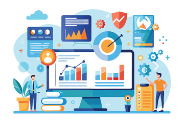 A visual representation of business analysis concepts with graphs, charts, and project metrics on screens, Business analysis concept illustrated with statistics in a flat infographic.
