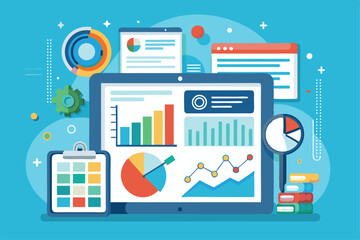 Business analysis displayed on a tablet with charts and graphs in a modern office setting, Business analysis displayed on tablet screen with infographic and statistics in a flat illustration.