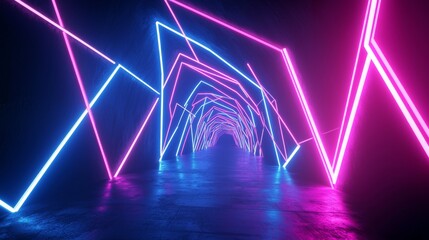 A futuristic tunnel with vibrant neon lights. The blue and pink lights create an abstract design.
