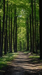Fototapeta premium Sunlit path through dense green forest with tall trees and vibrant foliage