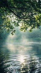 Fototapeta premium Misty morning sunrise over a calm lake with tree branches in foreground