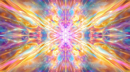 Abstract colorful fractal design with glowing streaks of light and a central point.
