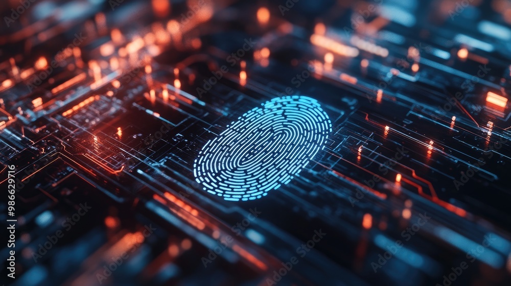Poster close-up of a fingerprint sensor on a digital interface, showing the protection of personal data thr