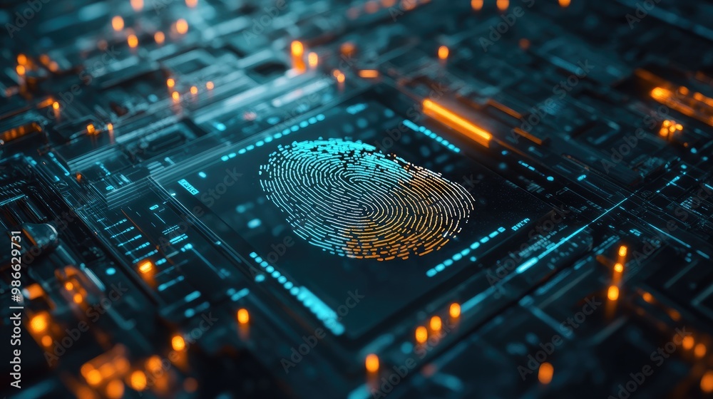 Poster close-up of a fingerprint sensor on a digital interface, showing the protection of personal data thr