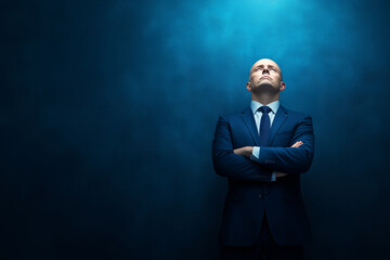 A confident businessman stands under dramatic lighting in a blue-toned environment at night