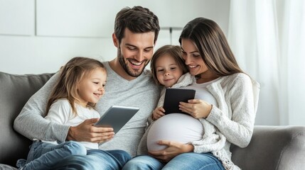Happy family of four sitting on sofa, pregnant mom holding tablet.
