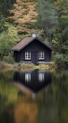 Fototapeta premium Small wooden cabin reflecting in a calm lake surrounded by trees in forest