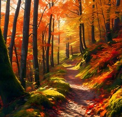 Scenic Autumn Pathway Through a Vibrant Forest