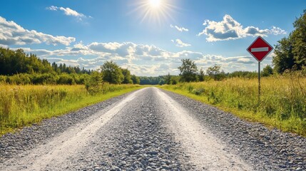 Gravel path, red sign, idyllic countryside