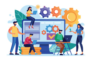 Fototapeta premium A team of business professionals engages in installing software, collaborating on laptops and screens, Business people are installing popular software with a simple illustration.