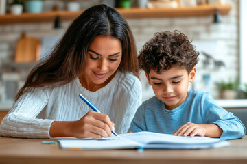 Latina Mother Helping Her Son with Homework at the Kitchen Table