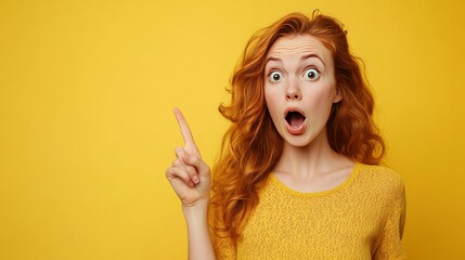 Stunned woman gestures towards blank space.