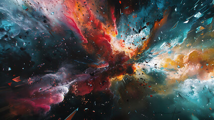 Obraz premium Artistic Conceptsdriven Abstract Art piece where 3D prisms shatter into 2D particles representing breaking down of reality the exploration of abstract thought creating a visually intriguing narrative