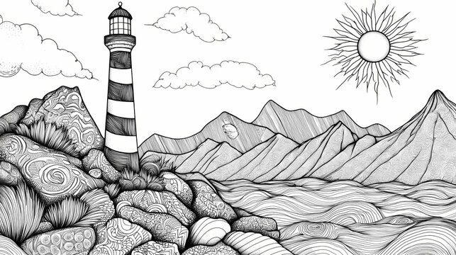 Lighthouse landscape coloring page for adults - serene mountain and ocean scenery with sun, rocks, and zentangle patterns for relaxation and creativity. Zentangle. Illustration