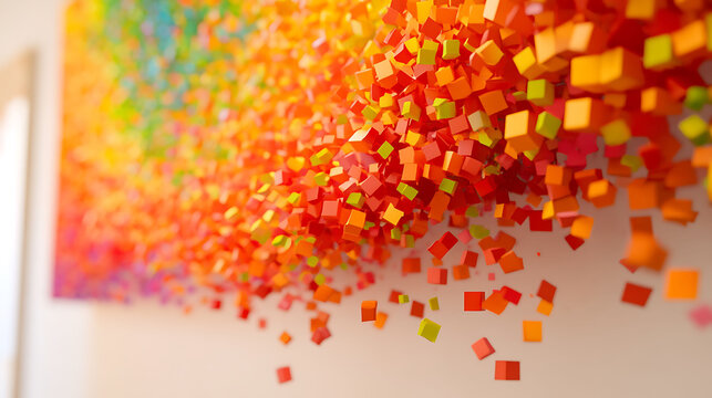 Artistic Conceptsinspired Abstract Art piece where 3D cubes disintegrate into 2D particles representing deconstruction of reality exploration of abstract thought creating visually intriguing narrative