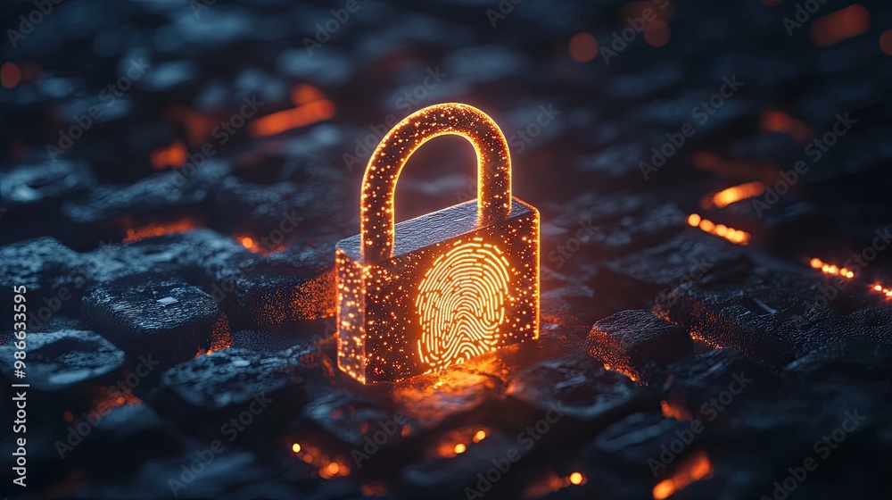 Poster digital padlock with a glowing fingerprint scan, representing personal information security and iden