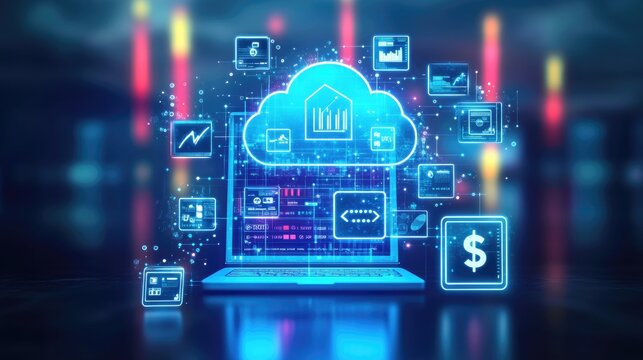 Digital wallet with financial icons and a cloud interface, representing secure online transactions and personal data storage in the cloud.