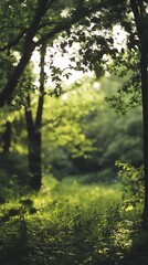 Fototapeta premium Sunlight Filtering Through Lush Green Forest Canopy