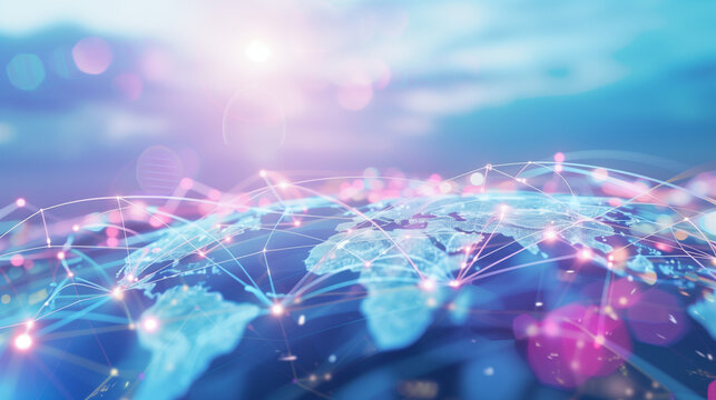 Abstract Digital World Map with Glowing Global Network Connections, Blue Background Business Concept on fiber optic cable