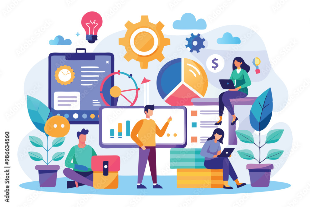 Poster a team collaborates on a business project, analyzing data and implementing strategies in a vibrant w