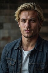 Fototapeta premium Young man with blonde hair poses confidently for a portrait against a textured background, showcasing casual style and charm.