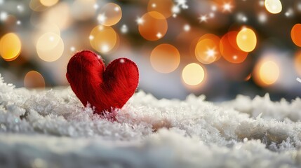 Fototapeta premium Place the red heart prominently on the pure white snow, ensuring it contrasts vividly with the background, making the bright red color stand out.