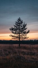 Fototapeta premium Silhouette of a lone pine tree against a colorful sunset sky
