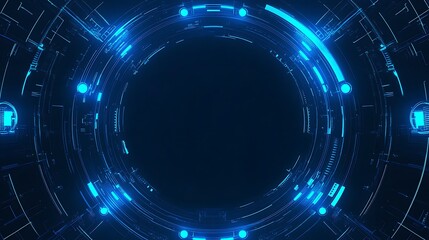Abstract digital background with glowing blue circular lines and dots on a black background.