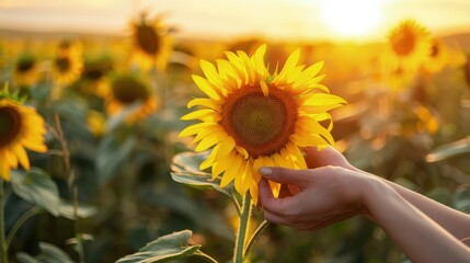 Fototapeta premium Place the sunflower in the hands, ensuring the bloom is fully visible, with the hands gently cradling it, highlighting the contrast between the vibrant yellow petals and the natural skin tones.