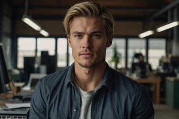 Obraz premium A focused man in casual attire works in a modern office environment while reflecting on his tasks and responsibilities.
