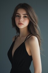 Fototapeta premium A woman in a black dress is standing in front of a blue wall. She has long hair and is wearing makeup